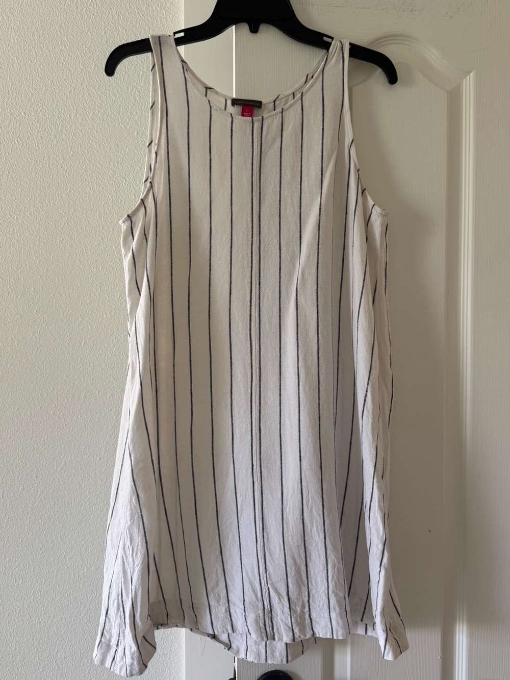 Vince Camuto Linen Blend Dress L White Navy Stripe Sleeveless Shift